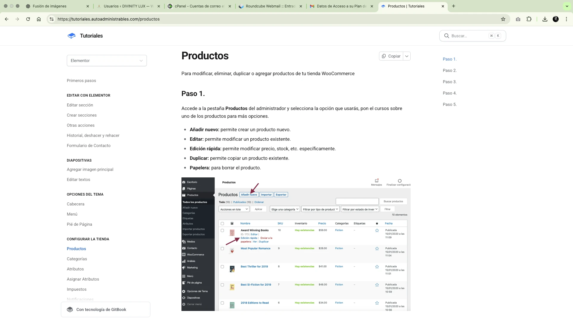 Ubicación del menú Productos en WordPress