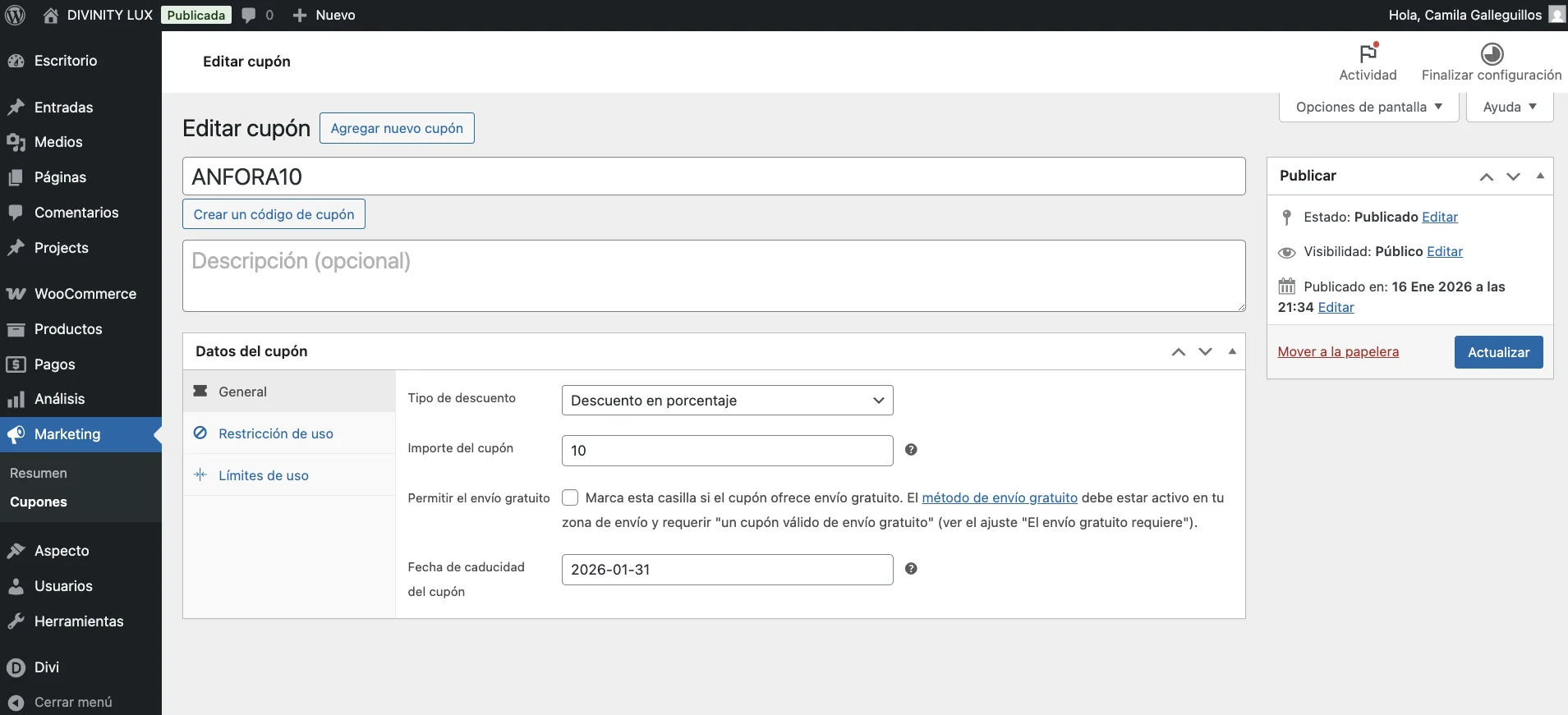 WooCommerce - Datos del cupón: Tipo de descuento y monto