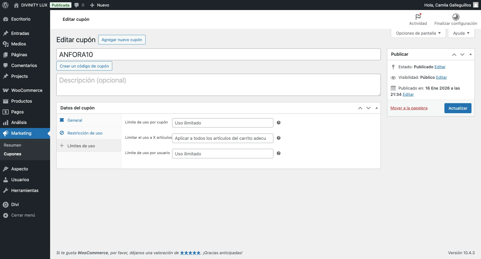 WooCommerce - Publicar cupón y límites de uso